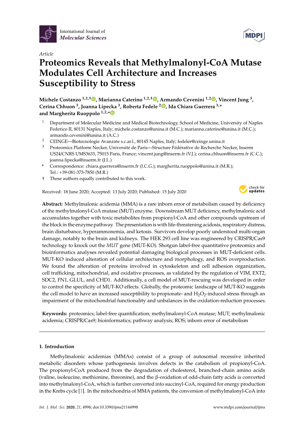 Proteomics Reveals That Methylmalonyl-Coa Mutase Modulates Cell Architecture and Increases Susceptibility to Stress