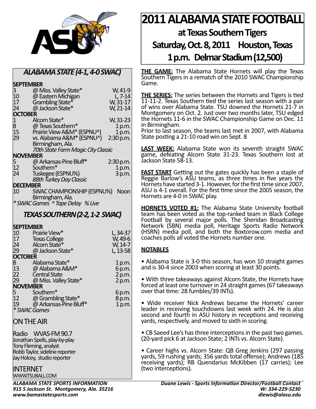 2011 ALABAMA STATE FOOTBALL at Texas Southern Tigers Saturday, Oct