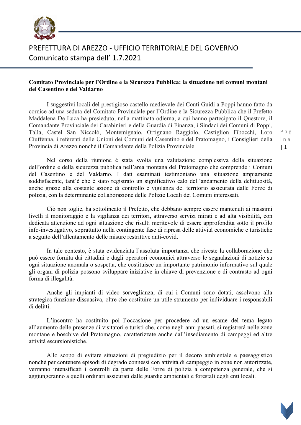 PREFETTURA DI AREZZO - UFFICIO TERRITORIALE DEL GOVERNO Comunicato Stampa Dell’ 1.7.2021