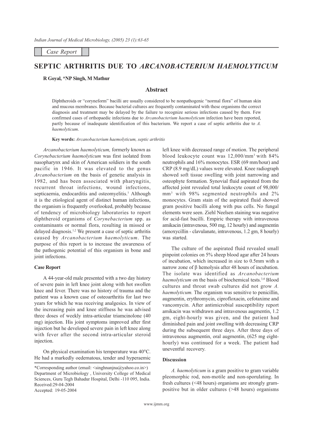 Septic Arthritis Due to Arcanobacterium Haemolyticum