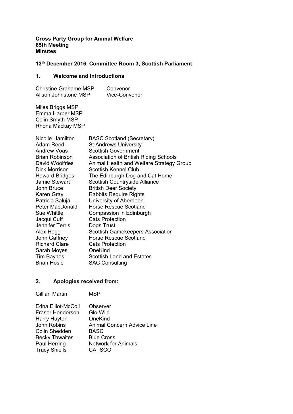 Cross Party Group for Animal Welfare 65Th Meeting Minutes 13Th