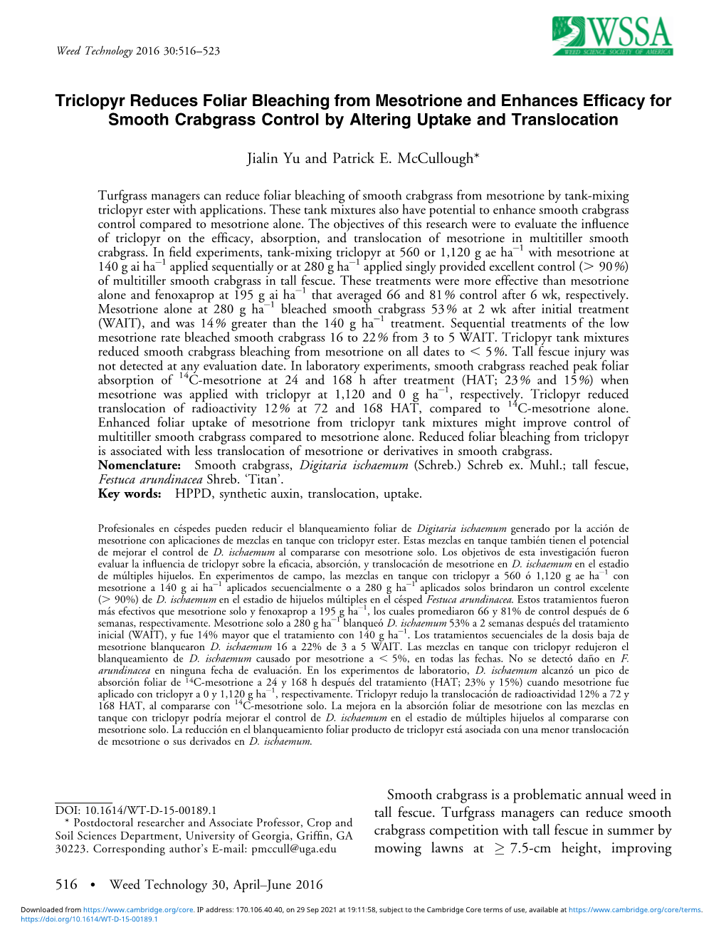 Triclopyr Reduces Foliar Bleaching from Mesotrione and Enhances Efficacy for Smooth Crabgrass Control by Altering Uptake and Translocation