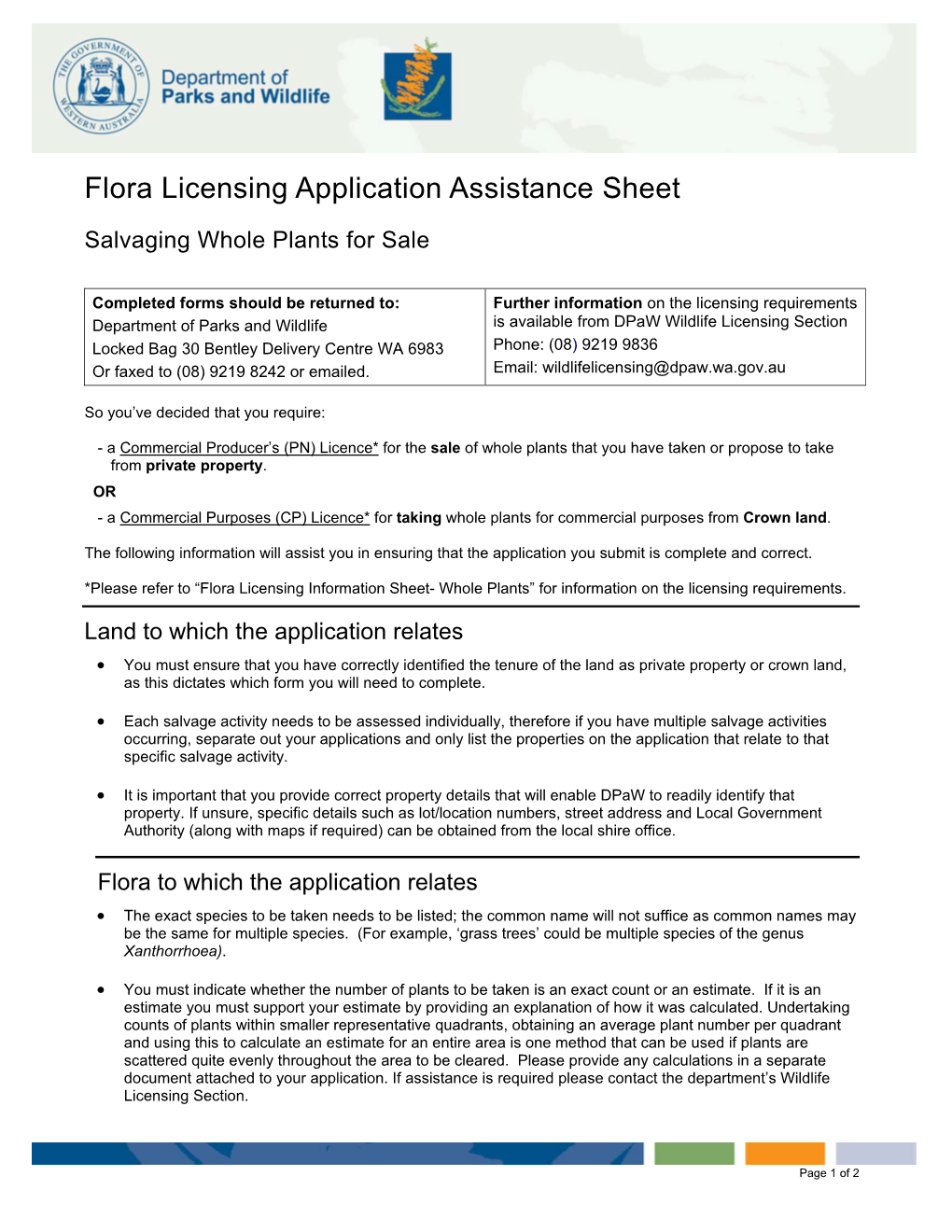 Flora Licensing Application Assistance Sheet