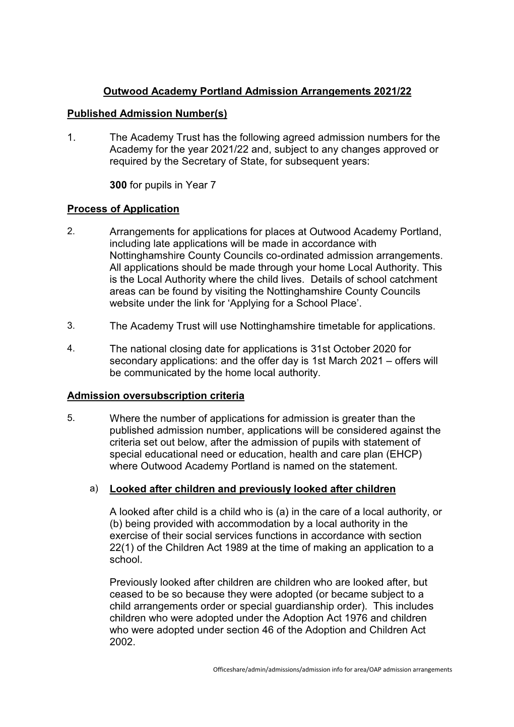 Outwood Academy Portland Admission Arrangements 2021/22