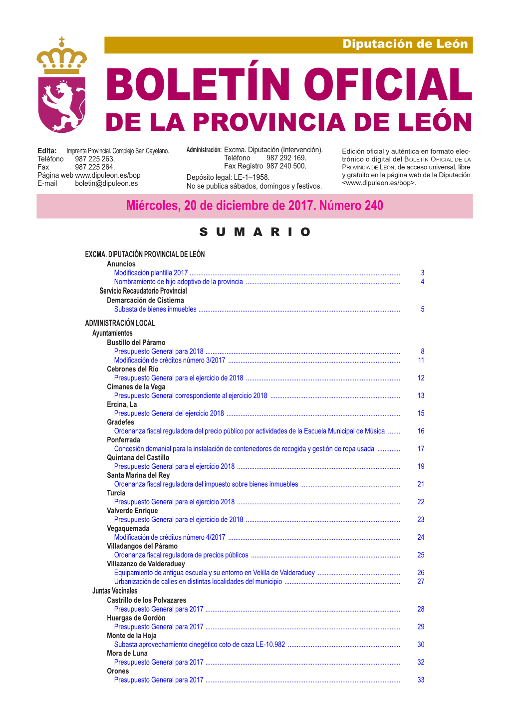 BOLETÍN OFICIAL DE LA PROVINCIA DE LEÓN Edita: Imprenta Provincial