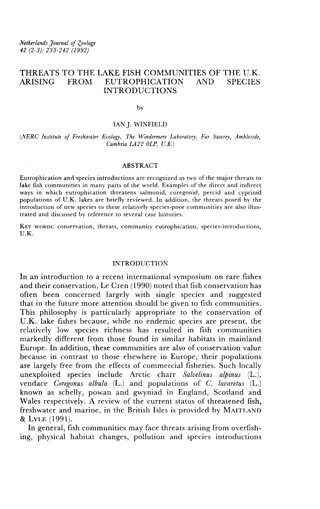 Threats to the Lake Fish Communities of the Uk