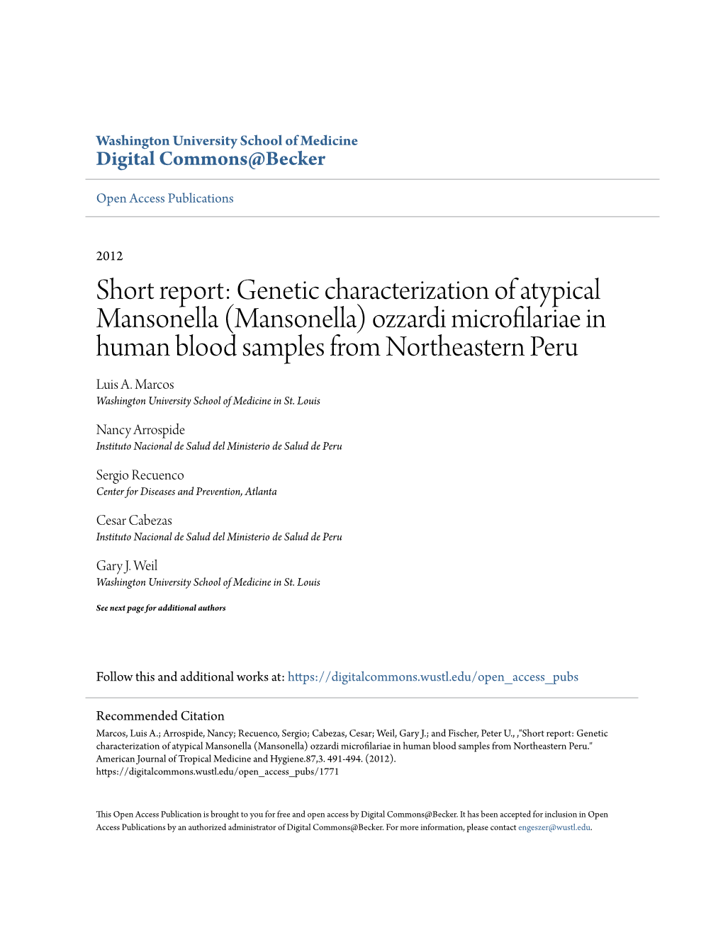 (Mansonella) Ozzardi Microfilariae in Human Blood Samples from Northeastern Peru Luis A