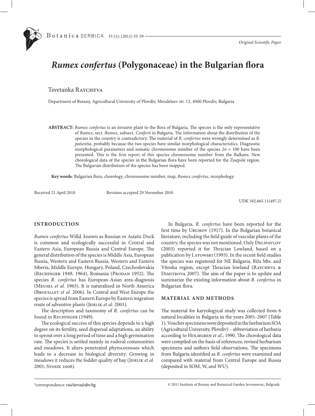 Rumex Confertus (Polygonaceae) in the Bulgarian Fl Ora