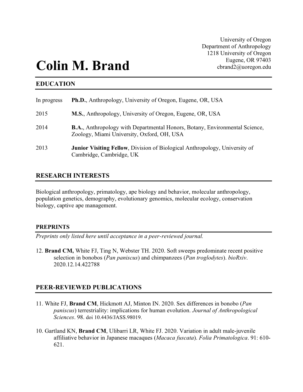 Colin M. Brand Cbrand2@Uoregon.Edu