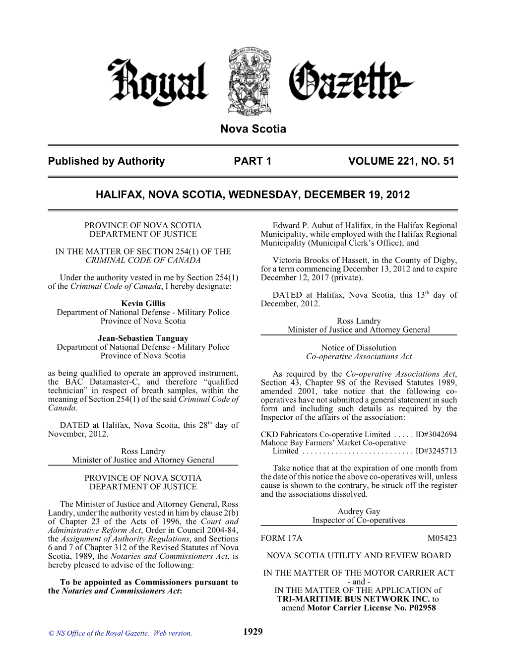 NS Royal Gazette Part I