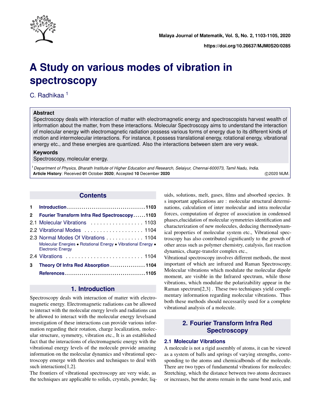 A Study on Various Modes of Vibration in Spectroscopy
