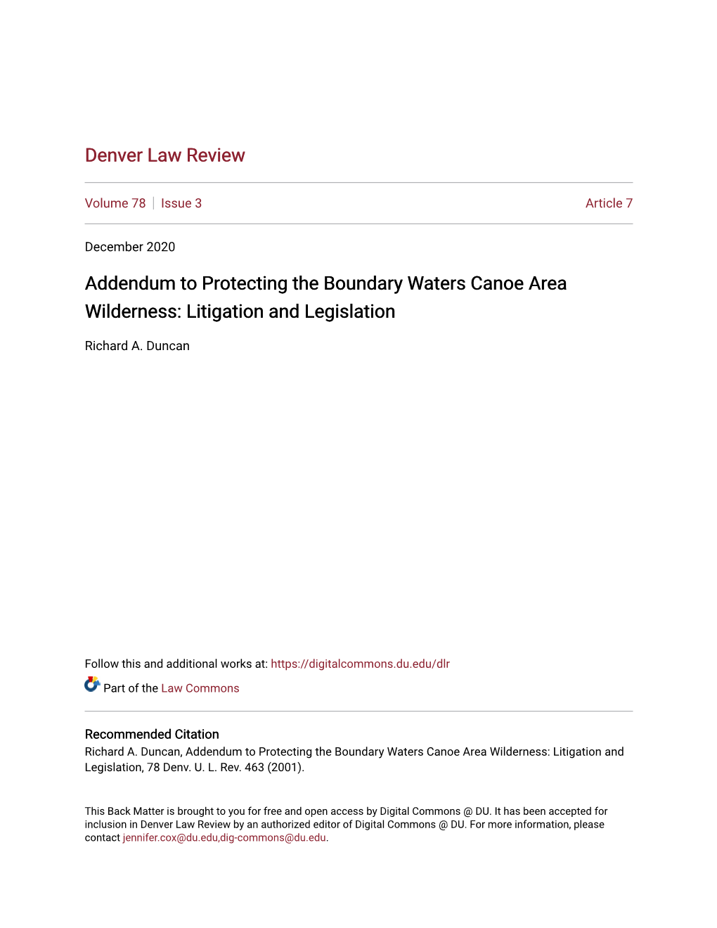 Addendum to Protecting the Boundary Waters Canoe Area Wilderness: Litigation and Legislation