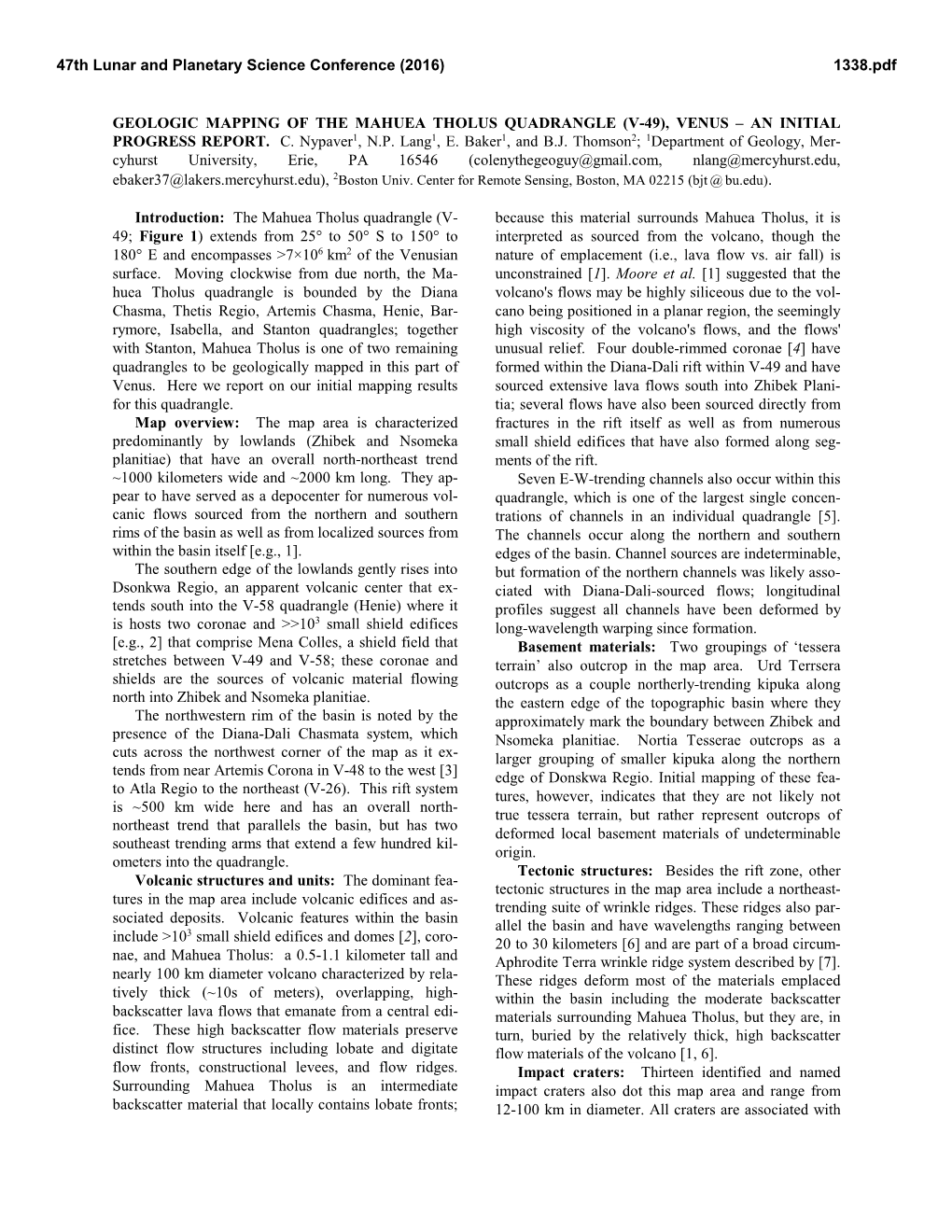 Geologic Mapping of the Mahuea Tholus Quadrangle (V-49), Venus – an Initial Progress Report