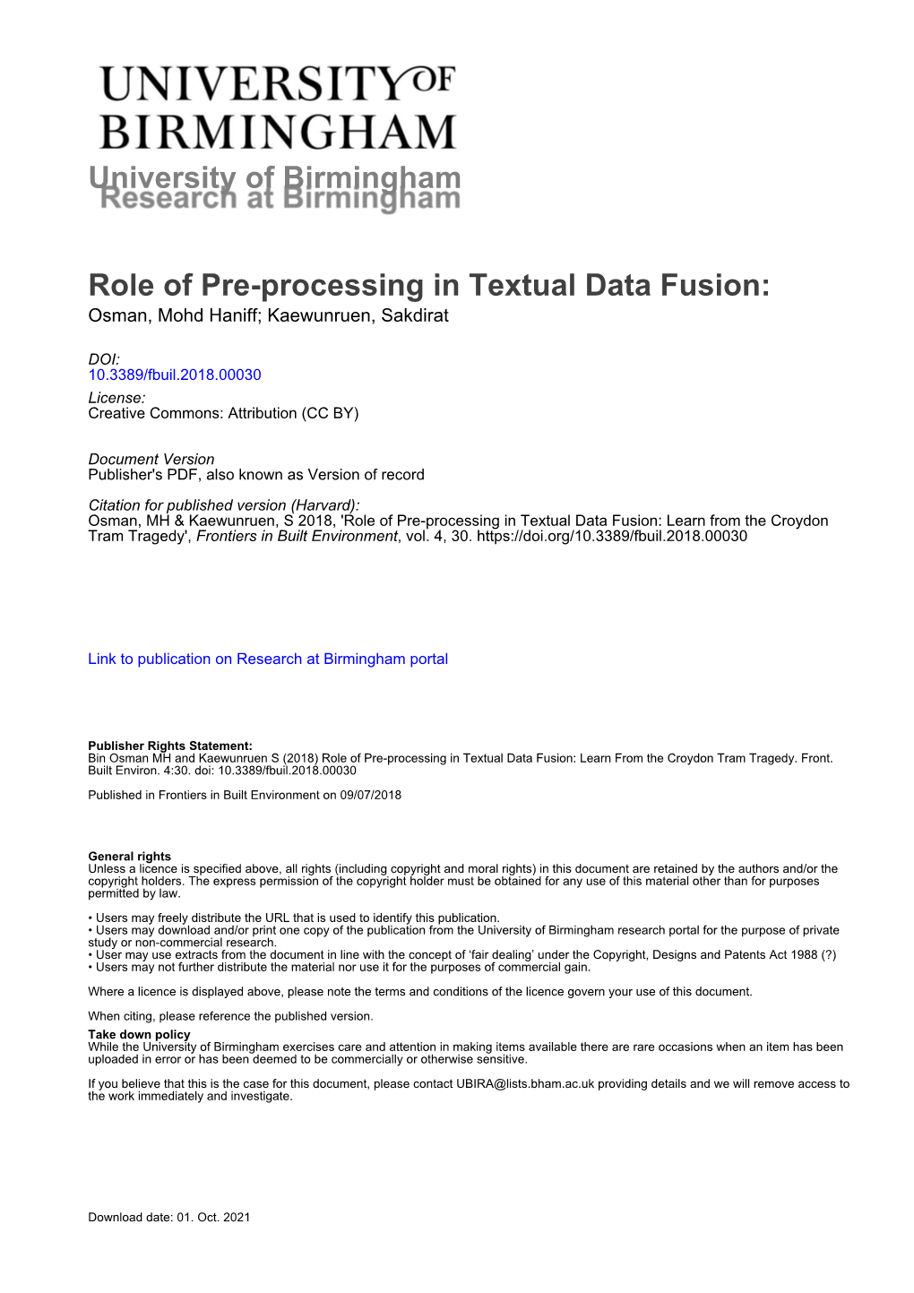 Role of Pre-Processing in Textual Data Fusion: Osman, Mohd Haniff; Kaewunruen, Sakdirat