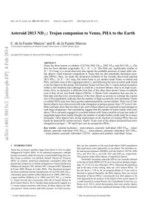 Asteroid 2013 ND15: Trojan Companion to Venus, PHA to the Earth