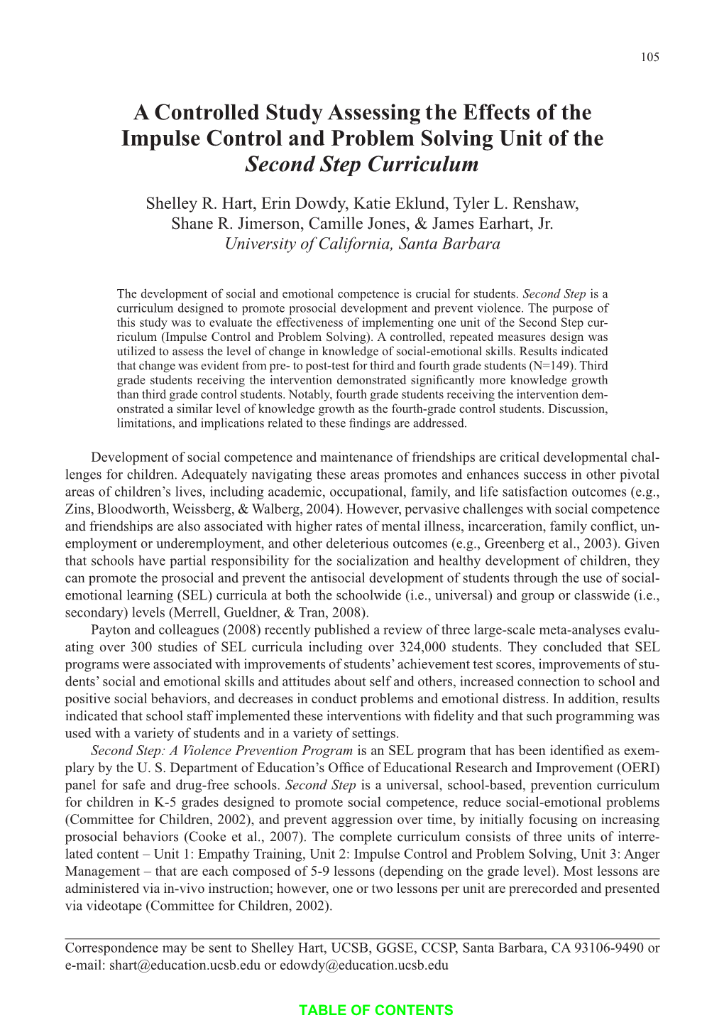 A Controlled Study Assessing the Effects of the Impulse Control and Problem Solving Unit of the Second Step Curriculum