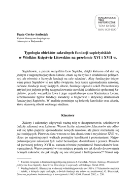 Typologia Obiektów Sakralnych Fundacji Sapieżyńskich W Wielkim Księstwie Litewskim Na Przełomie XVI I XVII W