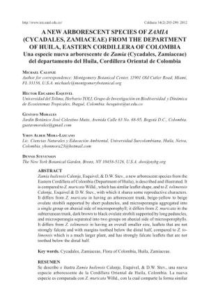 A NEW ARBORESCENT SPECIES of ZAMIA (CYCADALES, ZAMIACEAE) from the DEPARTMENT of Huila, EASTERN CORDILLERA of COLOMBIA