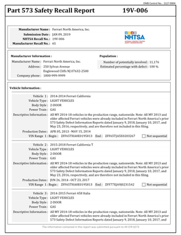Part 573 Safety Recall Report 19V-006