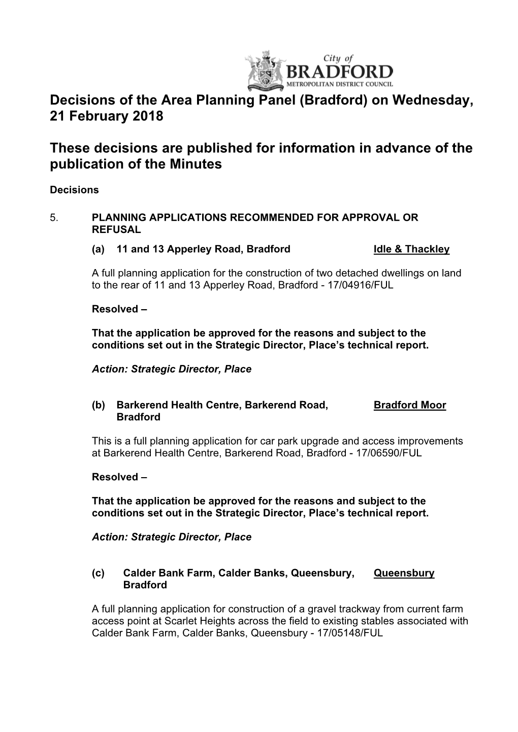 Decisions of the Area Planning Panel (Bradford) on Wednesday, 21 February 2018