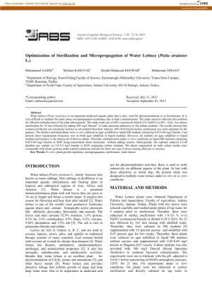 Optimization of Sterilization and Micropropagation of Water Lettuce (Pistia Stratiotes L.)