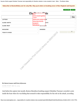 Bomb Suspect Dzhokhar Tsarnaev Took Responsibility for Marathon Attacks in Note Scrawled in Boat - Metro - the Boston Globe