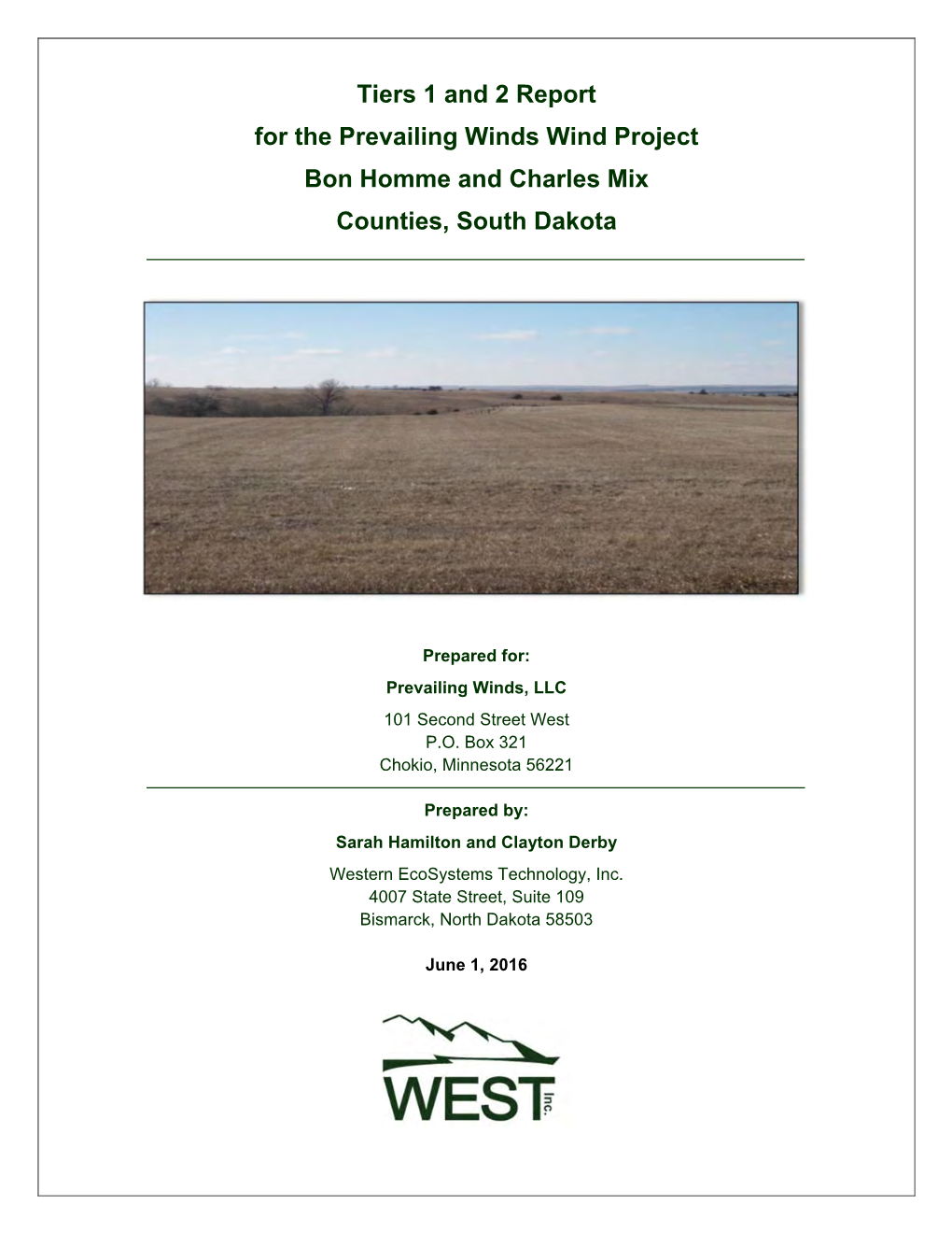 Tiers 1 and 2 Report for the Prevailing Winds Wind Project Bon Homme and Charles Mix Counties, South Dakota