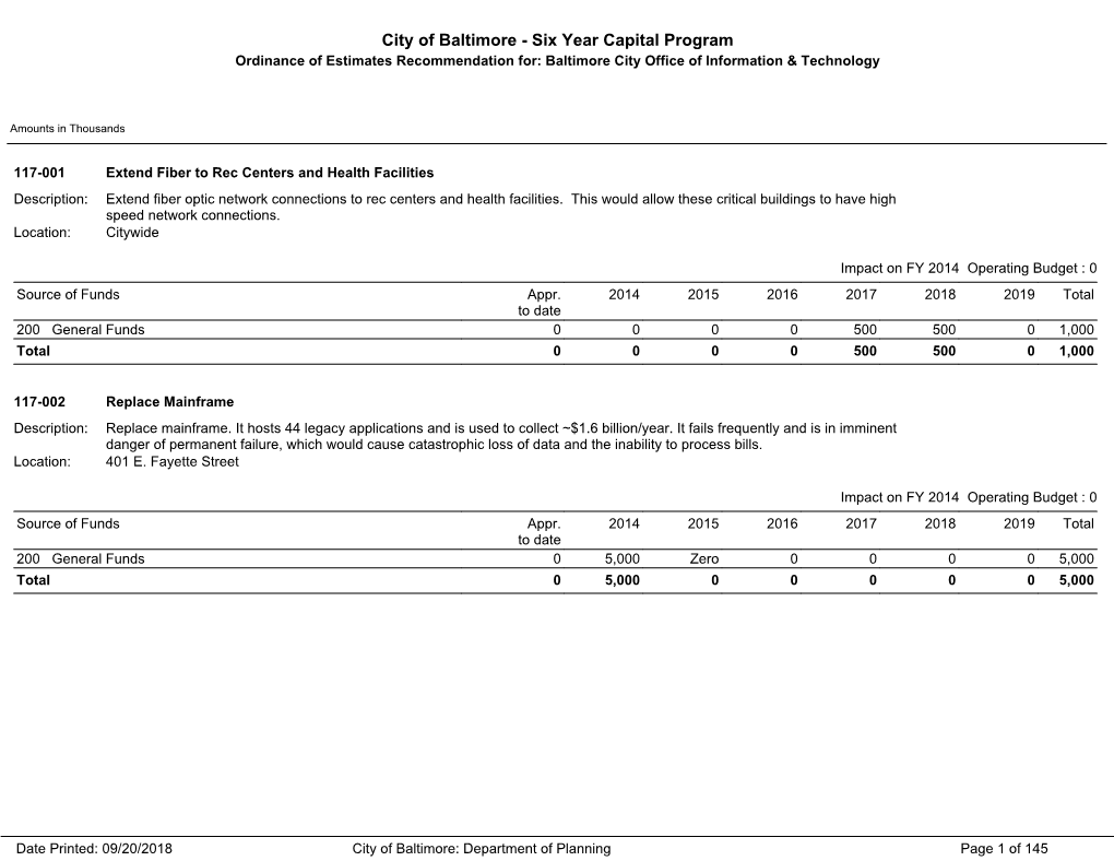 Six Year Capital Program Ordinance of Estimates Recommendation For: Baltimore City Office of Information & Technology