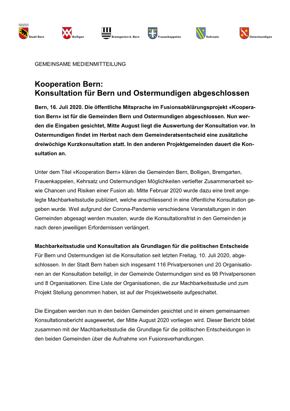 Kooperation Bern: Konsultation Für Bern Und Ostermundigen Abgeschlossen