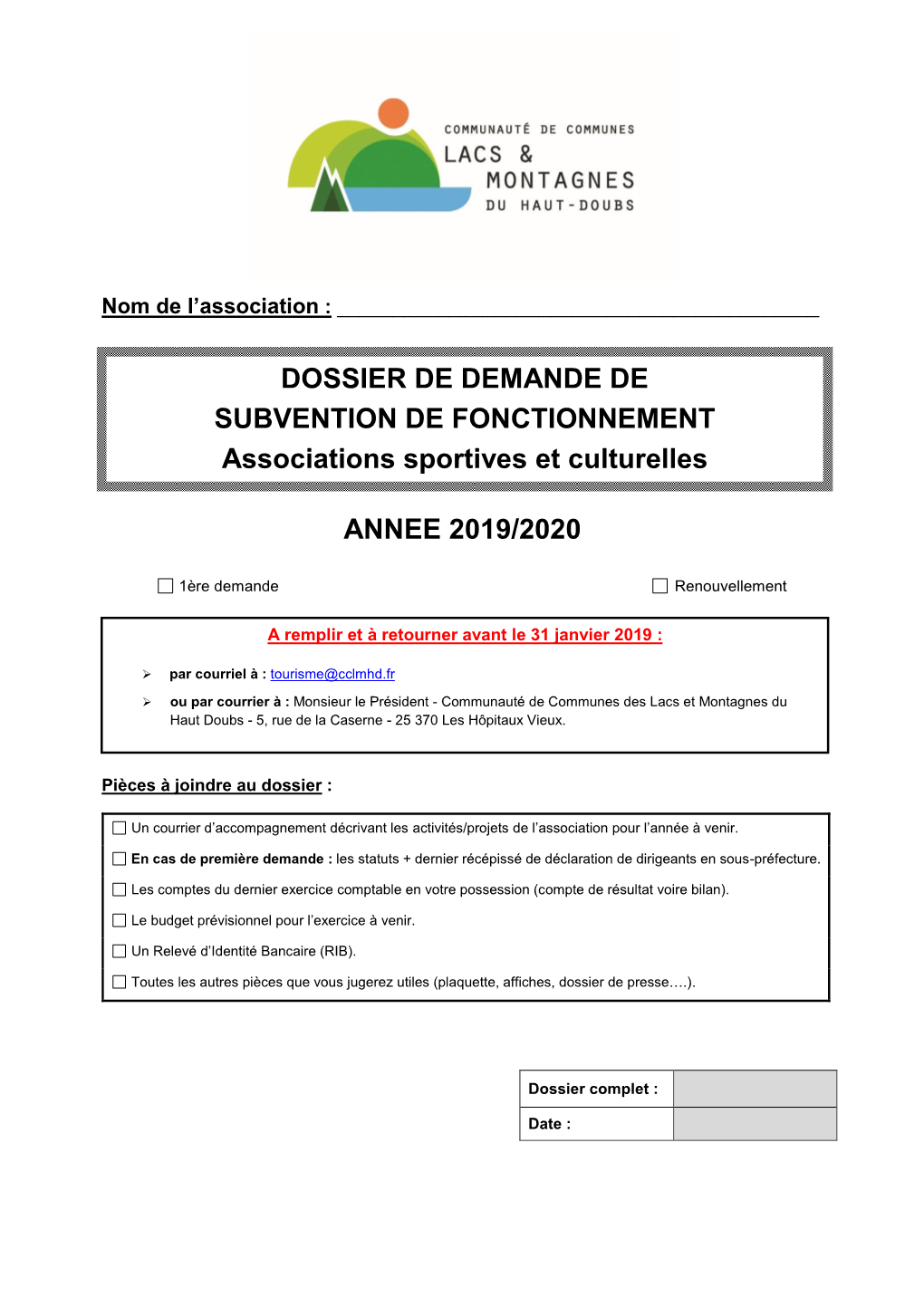 Annee 2019/2020 Dossier De Demande De Subvention De