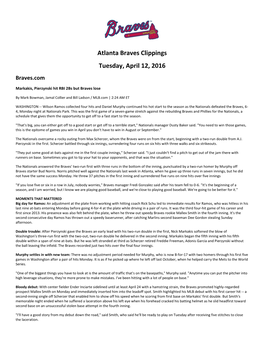 Atlanta Braves Clippings Tuesday, April 12, 2016 Braves.Com