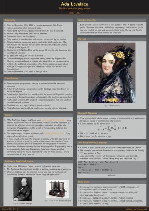 Ada Lovelace the ﬁrst Computer Programmer 1815 - 1852