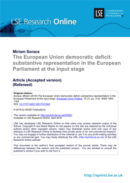 The European Union Democratic Deficit: Substantive Representation in the European Parliament at the Input Stage