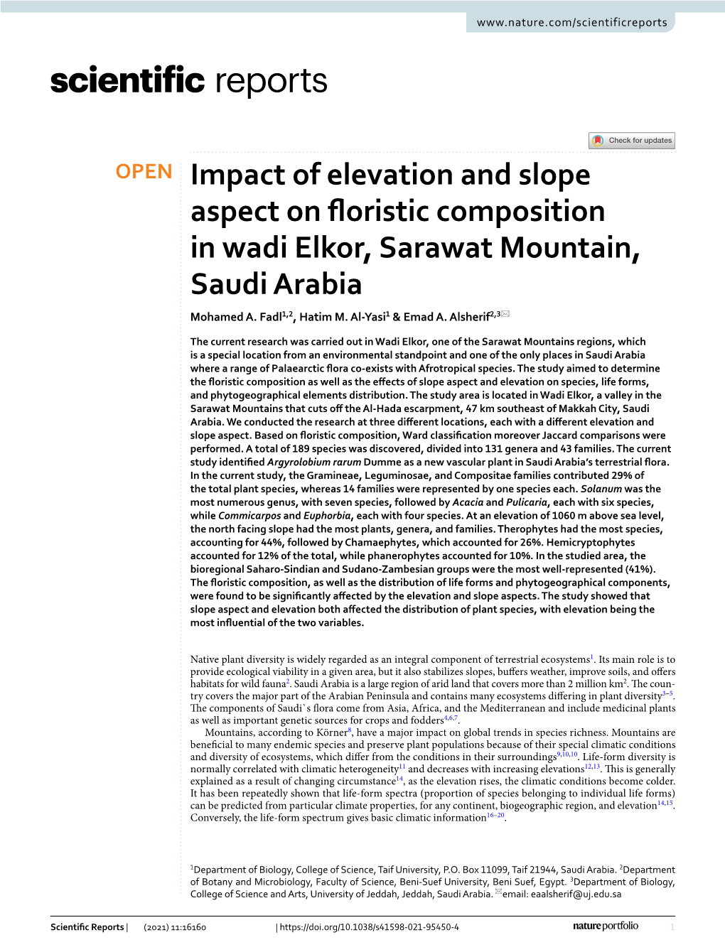 Impact of Elevation and Slope Aspect on Floristic Composition in Wadi