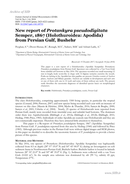 New Report of Protankyra Pseudodigitata Semper, 1867 (Holothuroidea: Apodida) from Persian Gulf, Bushehr