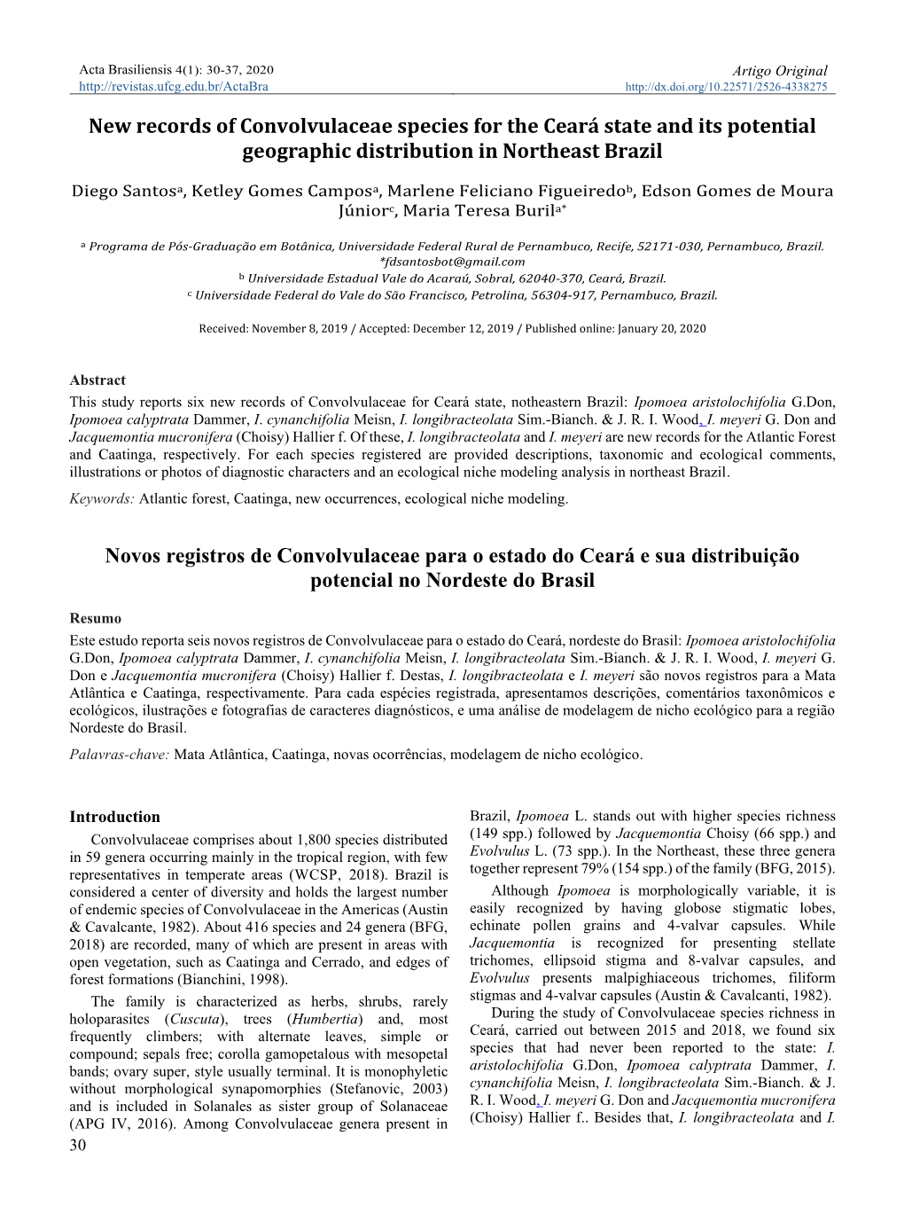 New Records of Convolvulaceae Species for the Ceará State and Its Potential Geographic Distribution in Northeast Brazil