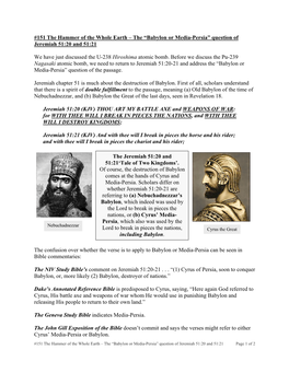 151 the Hammer of the Whole Earth – the “Babylon Or Media-Persia” Question of Jeremiah 51:20 and 51:21