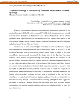 Towards a Sociology of Revolutionary Situations. Reflections on the Arab Uprisings Mounia Bennani-Chraïbi and Olivier Fillieule