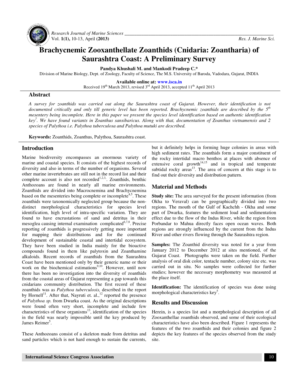 Brachycnemic Zooxanthellate Zoanthids (Cnidaria: Zoantharia) of Saurashtra Coast: a Preliminary Survey