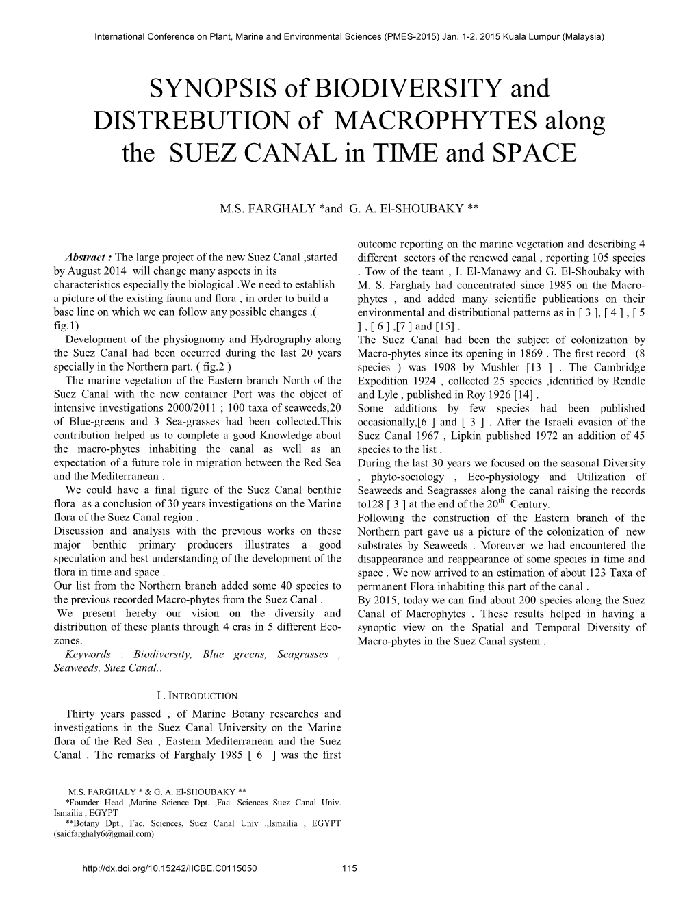 SYNOPSIS of BIODIVERSITY and DISTREBUTION of MACROPHYTES Along the SUEZ CANAL in TIME and SPACE