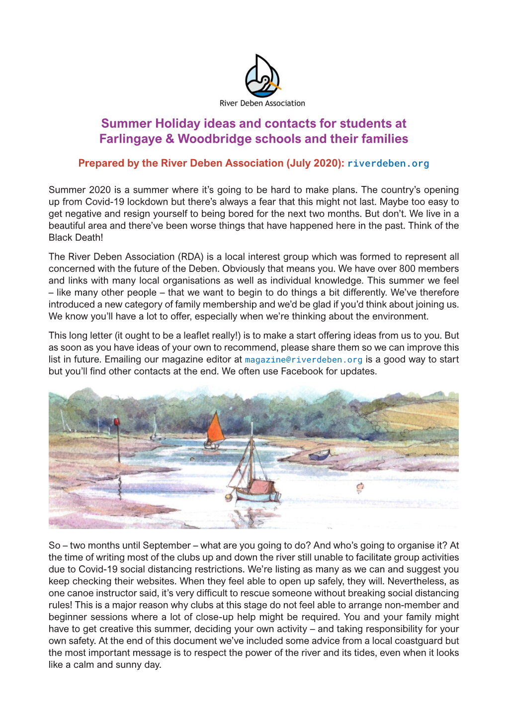 Summer Holiday Ideas and Contacts for Students at Farlingaye & Woodbridge Schools and Their Families