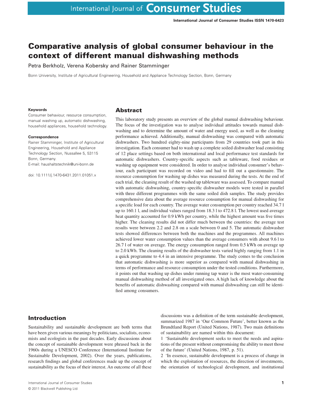 Comparative Analysis of Global Consumer Behaviour in the Context of Different Manual Dishwashing Methods