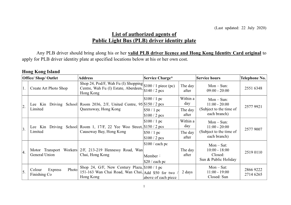 List of Authorized Agents of Public Light Bus (PLB) Driver Identity Plate