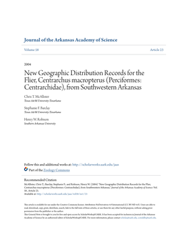 New Geographic Distribution Records for the Flier, Centrarchus Macropterus (Perciformes: Centrarchidae), from Southwestern Arkansas Chris T