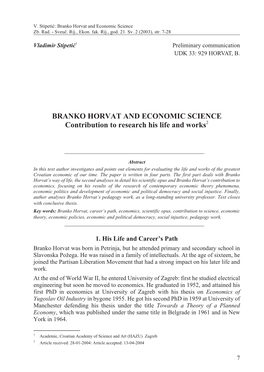 BRANKO HORVAT and ECONOMIC SCIENCE Contribution to Research His Life and Works2