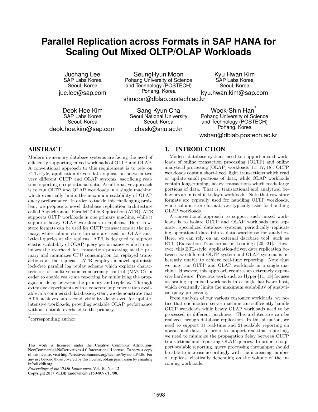 Parallel Replication Across Formats in SAP HANA for Scaling out Mixed OLTP/OLAP Workloads