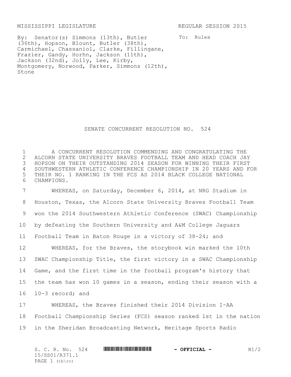 MISSISSIPPI LEGISLATURE REGULAR SESSION 2015 By