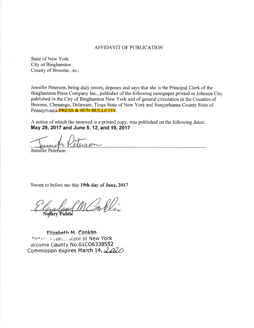 AFFIDAVIT of PUBLICATION State of New York City of Binghamton