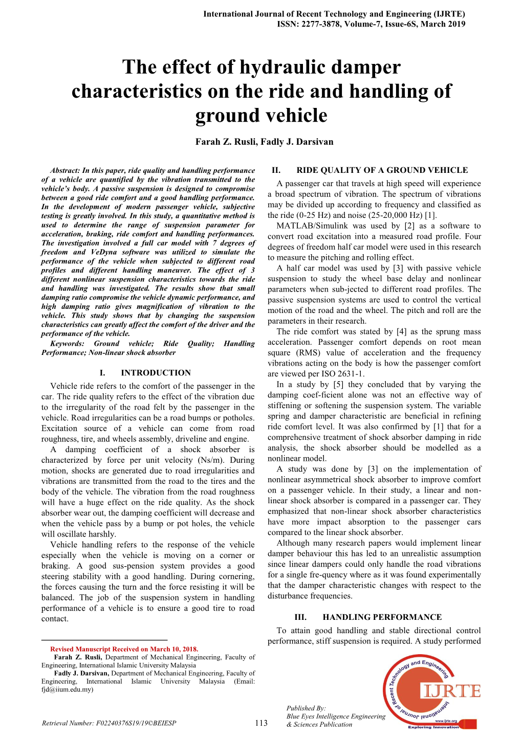 The Effect of Hydraulic Damper Characteristics on the Ride and Handling of Ground Vehicle