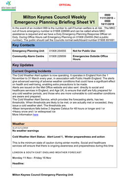 Milton Keynes Council Weekly Emergency Planning Briefing Sheet V1